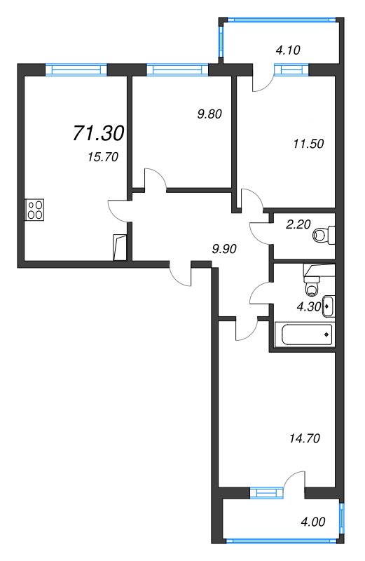 3-комнатная квартира, 71.3 м² - планировка, фото №1