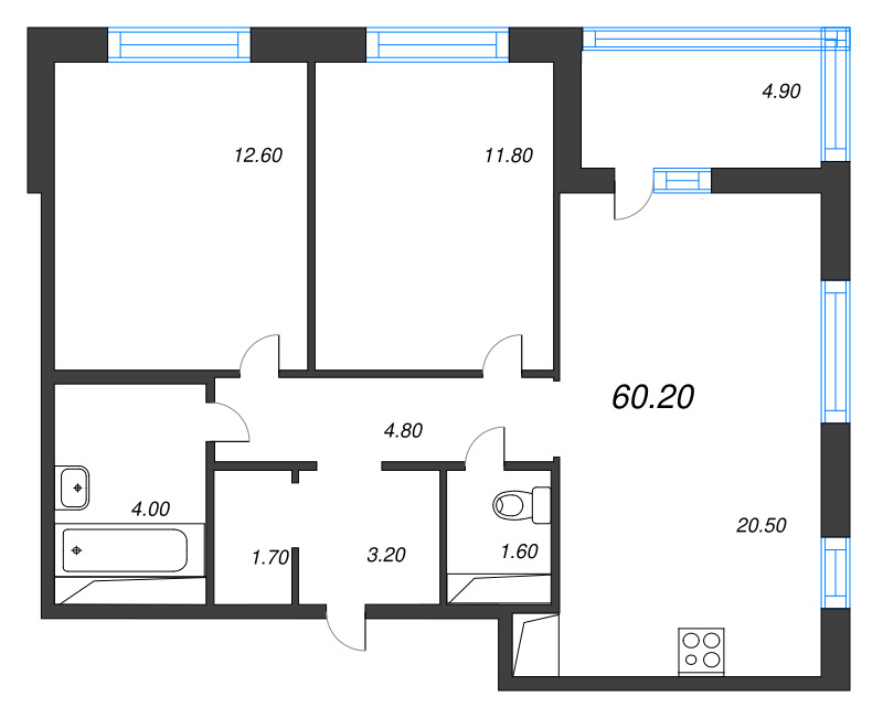 3-комнатная (Евро) квартира, 60.2 м² в ЖК "Литера" - планировка, фото №1