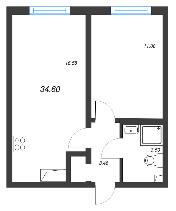 2-комнатная (Евро) квартира, 34.6 м² в ЖК "Морская миля" - планировка, фото №1