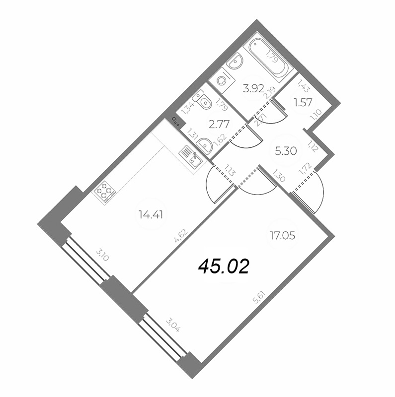 1-комнатная квартира, 45.02 м² - планировка, фото №1