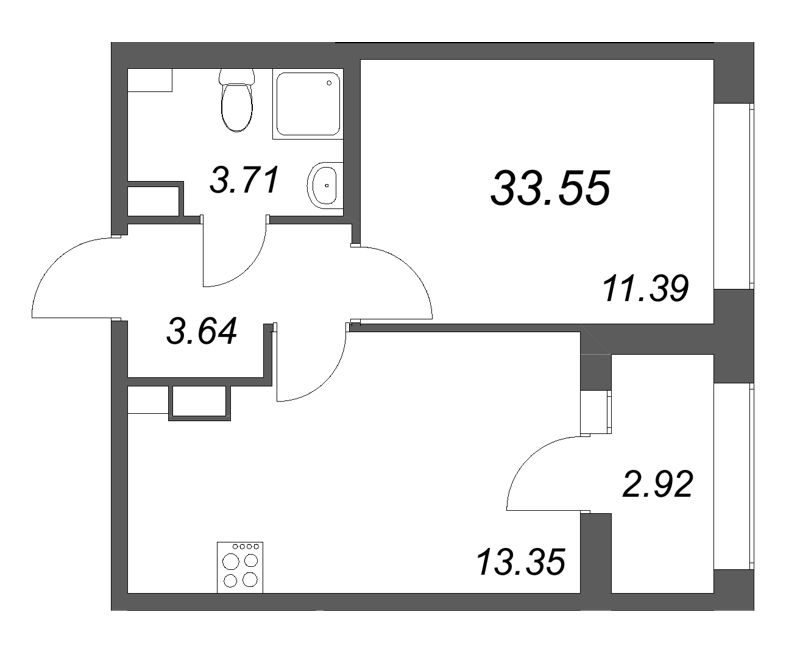 1-комнатная квартира, 33.55 м² в ЖК "Аурум" - планировка, фото №1