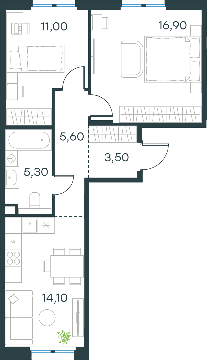 2-комнатная квартира, 56.4 м² в ЖК "Левел Мечникова" - планировка, фото №1