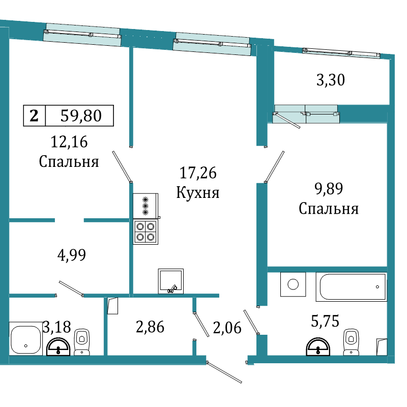 2-комнатная квартира, 59.8 м² в ЖК "Графика" - планировка, фото №1