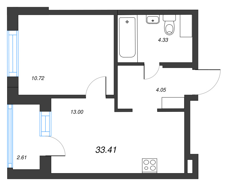 1-комнатная квартира, 33.41 м² - планировка, фото №1