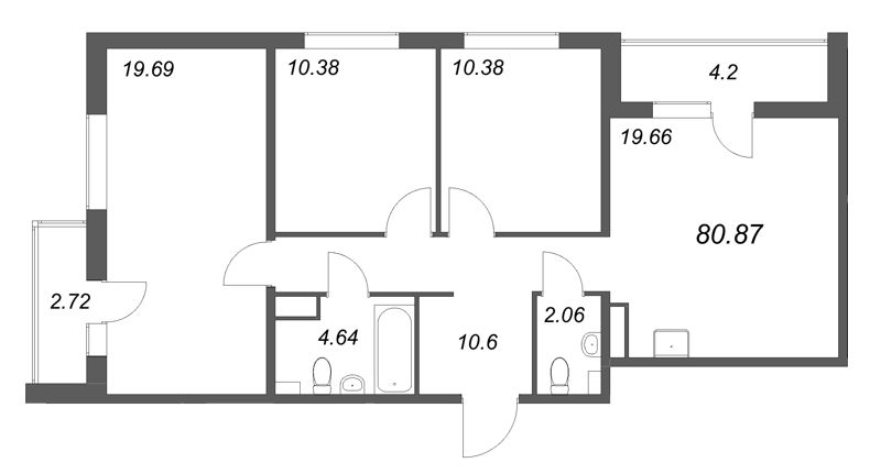 4-комнатная (Евро) квартира, 80.87 м² в ЖК "Расцветай в Янино" - планировка, фото №1