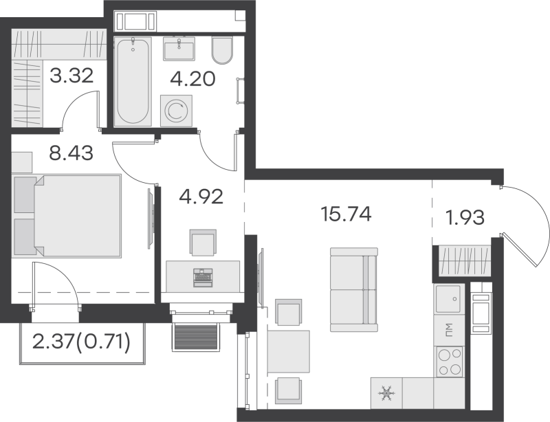 2-комнатная (Евро) квартира, 39.25 м² - планировка, фото №1