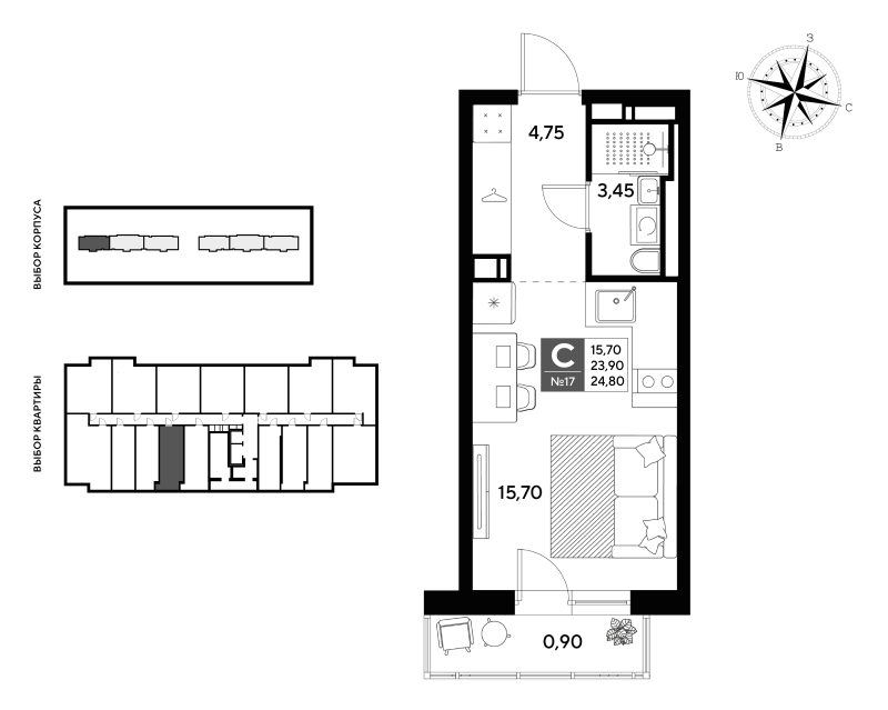Квартира-студия, 24.8 м² в ЖК "Догма Юкки" - планировка, фото №1