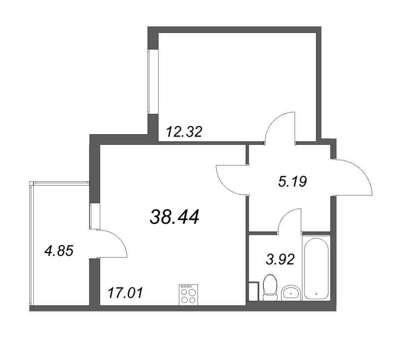 2-комнатная (Евро) квартира, 38.44 м² - планировка, фото №1