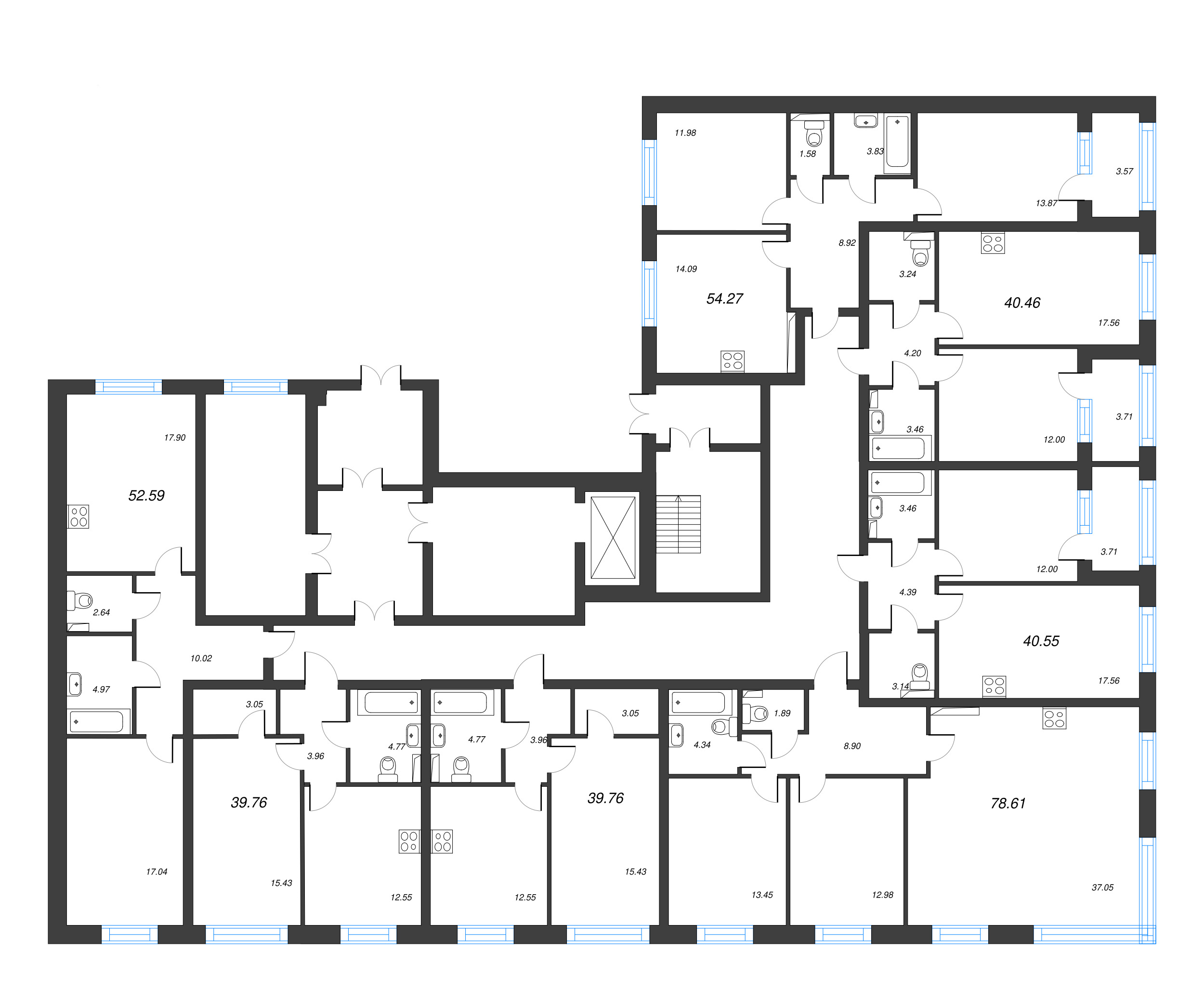 3-комнатная (Евро) квартира, 78.61 м² - планировка этажа