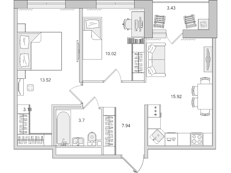 3-комнатная (Евро) квартира, 57.71 м² в ЖК "Dreamline" - планировка, фото №1