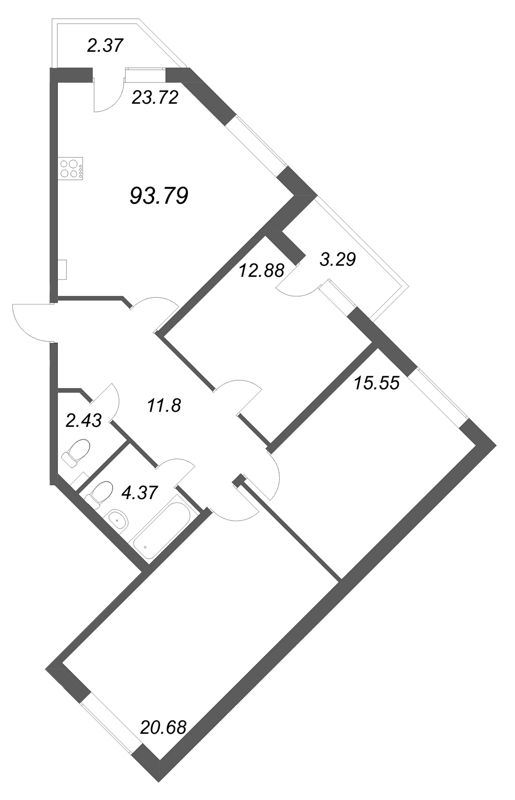 4-комнатная (Евро) квартира, 93.79 м² в ЖК "АРО" - планировка, фото №1