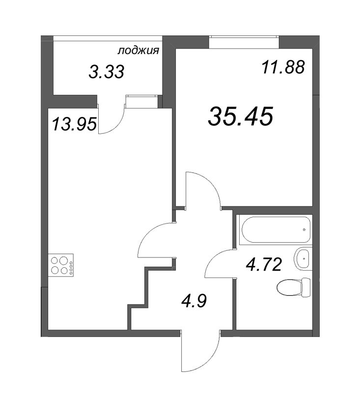 1-комнатная квартира, 35.45 м² в ЖК "Ясно.Янино" - планировка, фото №1