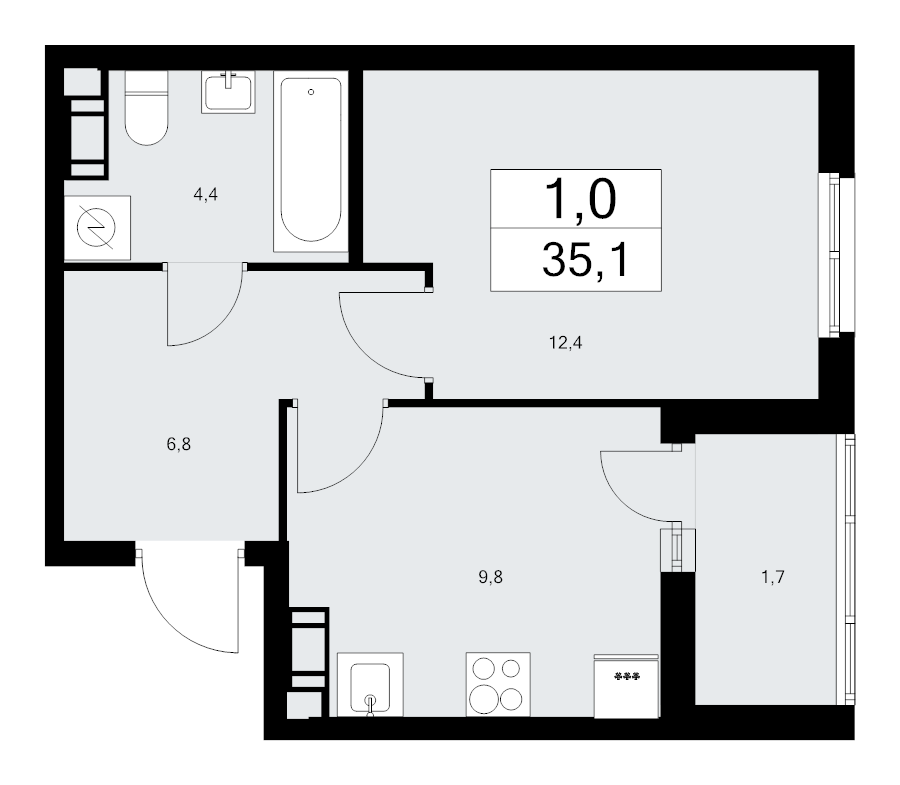 1-комнатная квартира, 35.1 м² в ЖК "А101 Лаголово" - планировка, фото №1