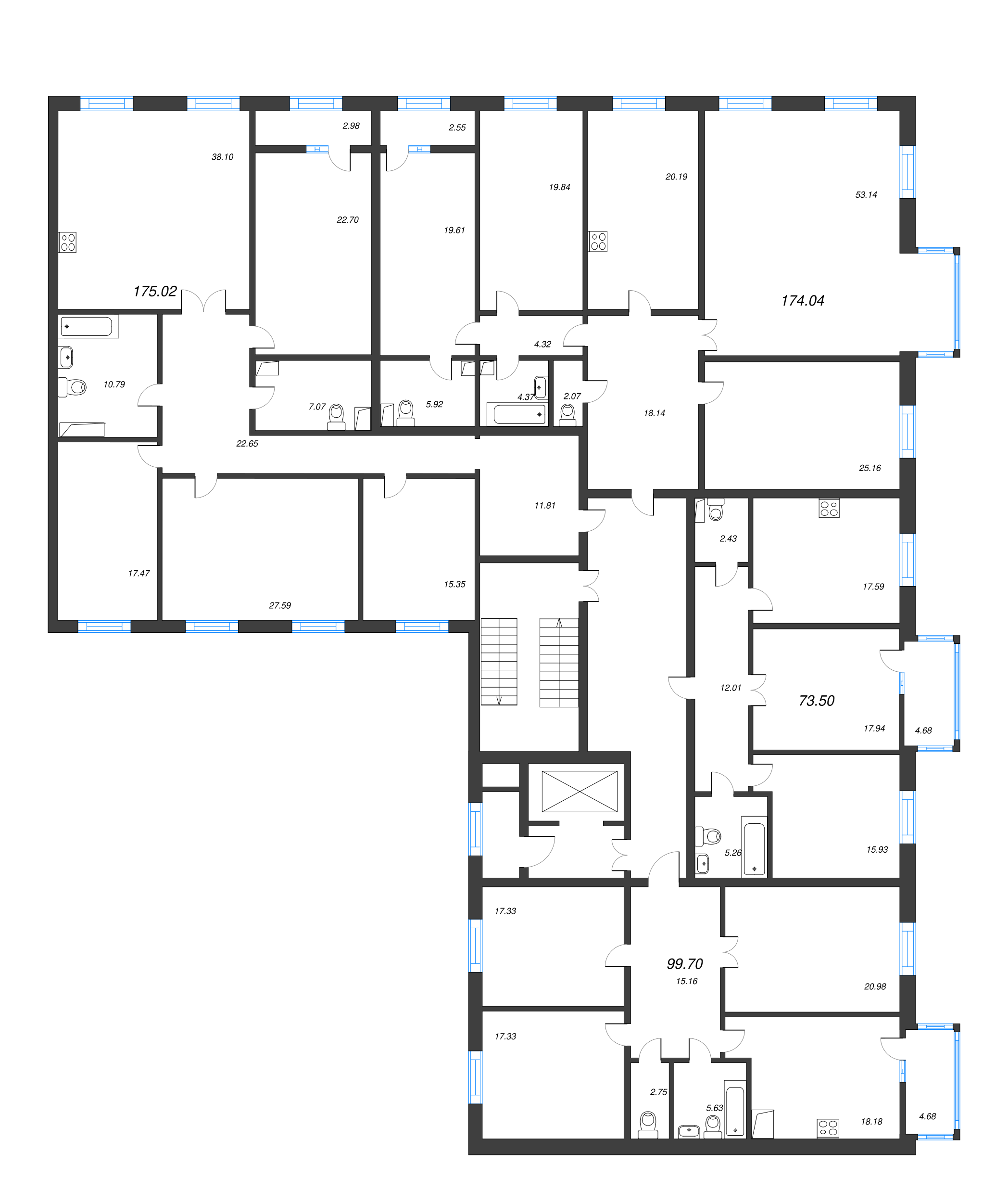 5-комнатная (Евро) квартира, 174.6 м² - планировка этажа