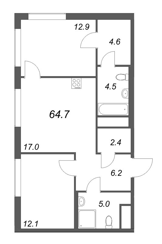 3-комнатная (Евро) квартира, 64.7 м² в ЖК "Гений" - планировка, фото №1
