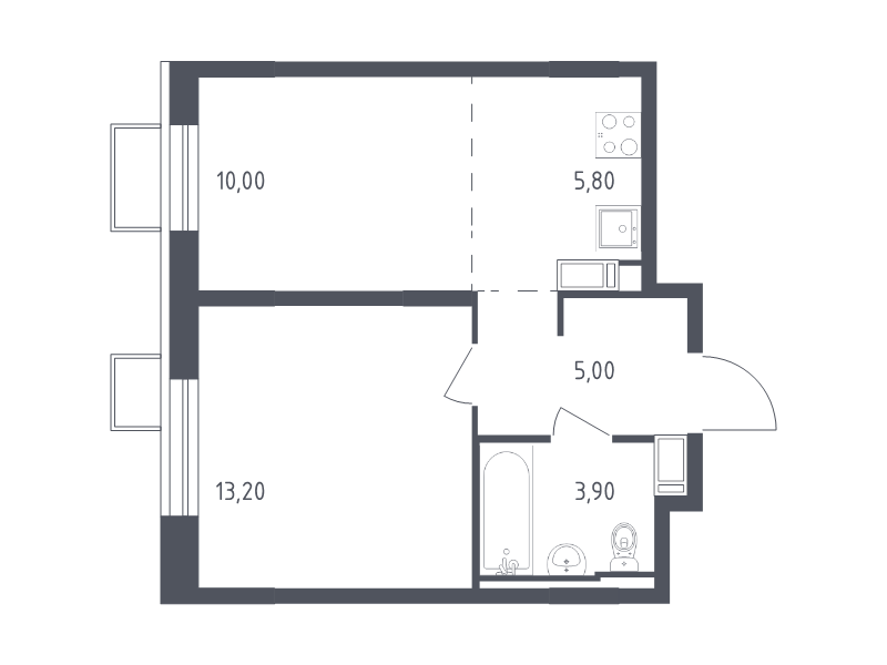 2-комнатная (Евро) квартира, 37.9 м² в ЖК "Курортный Квартал" - планировка, фото №1
