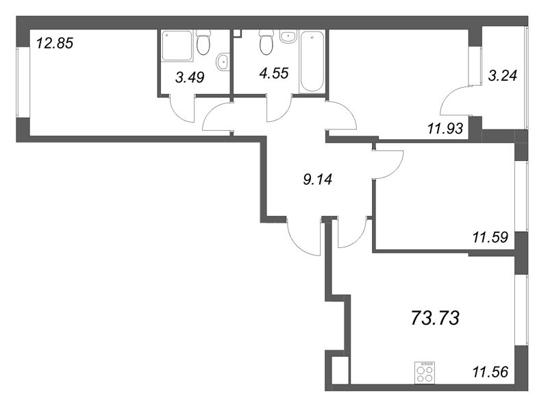 4-комнатная (Евро) квартира, 73.73 м² в ЖК "Охтинские высоты" - планировка, фото №1