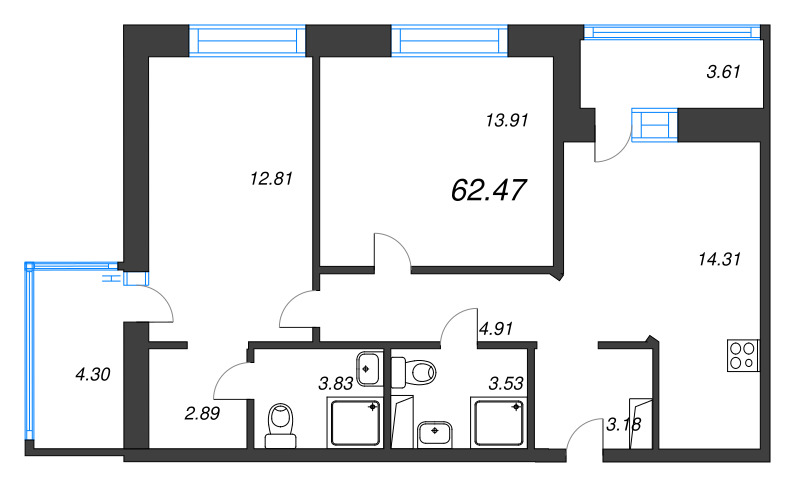 3-комнатная (Евро) квартира, 62.47 м² в ЖК "Уютный" - планировка, фото №1