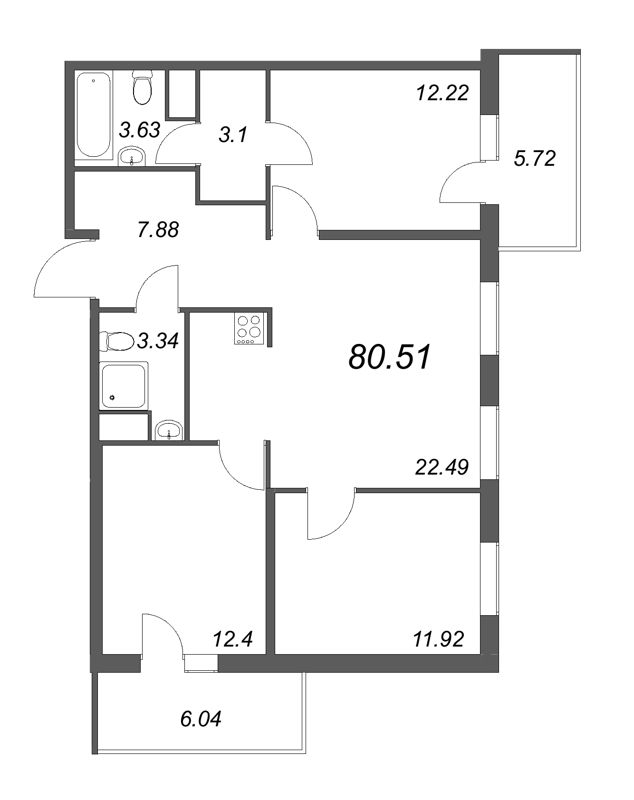 3-комнатная квартира, 80.2 м² в ЖК "Новоорловский" - планировка, фото №1
