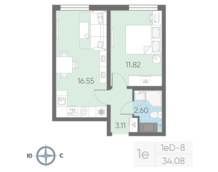 2-комнатная (Евро) квартира, 34.08 м² в ЖК "Морская миля" - планировка, фото №1