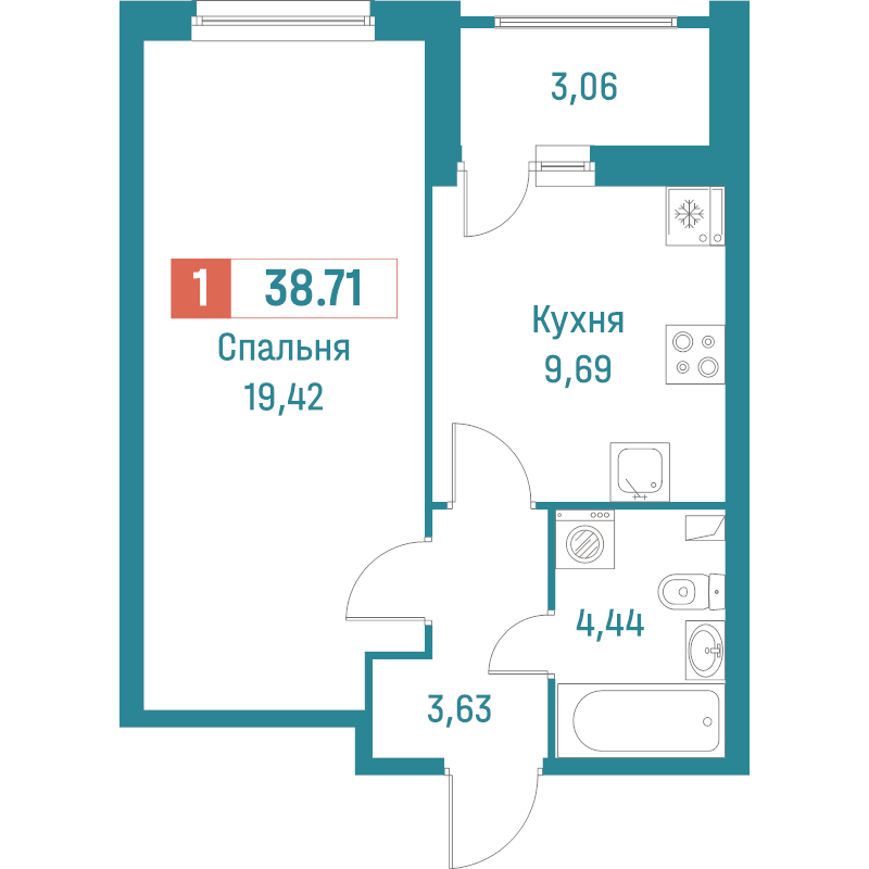 1-комнатная квартира, 38.71 м² в ЖК "Графика" - планировка, фото №1