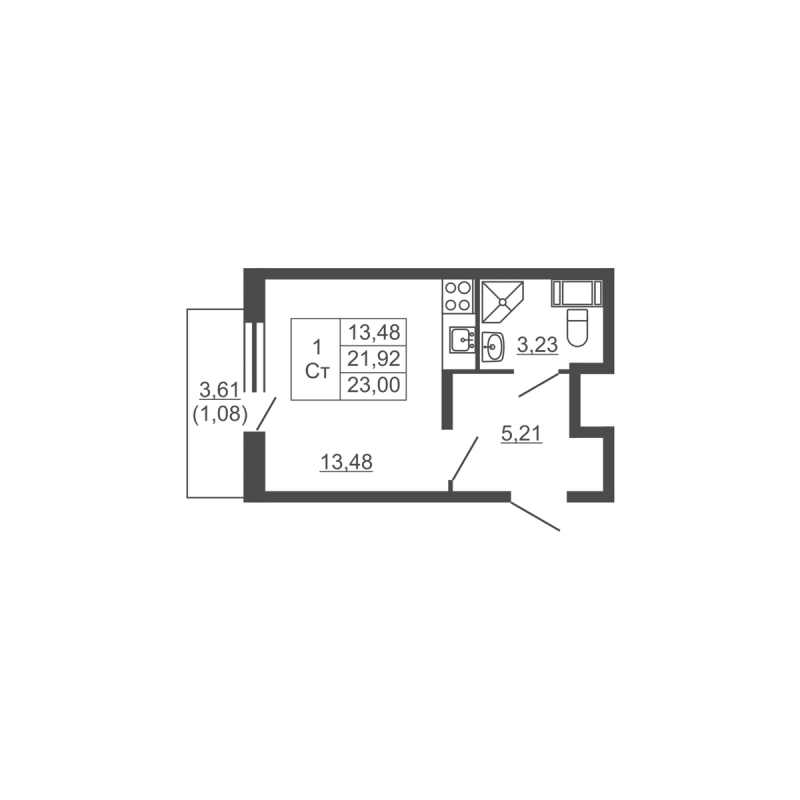 Квартира-студия, 23 м² в ЖК "Полёт" - планировка, фото №1