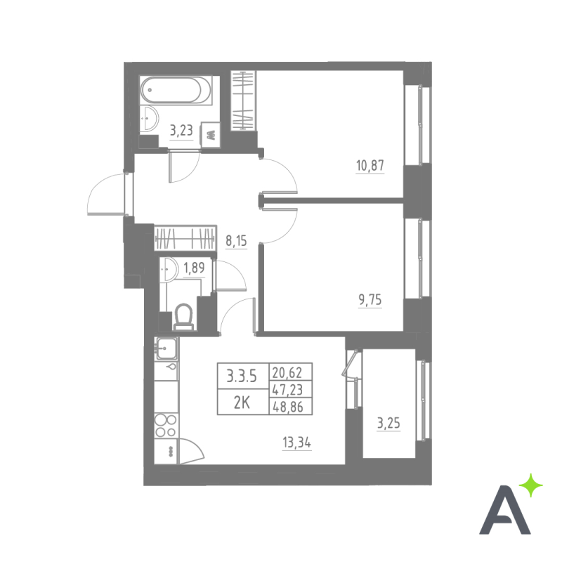 2-комнатная квартира, 48.86 м² в ЖК "Аквилон Solar" - планировка, фото №1