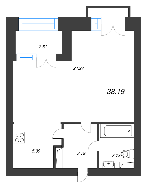 1-комнатная квартира, 40.7 м² - планировка, фото №1