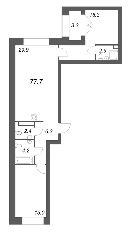 3-комнатная (Евро) квартира, 77.7 м² - планировка, фото №1