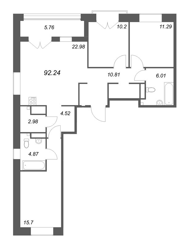 4-комнатная (Евро) квартира, 92.24 м² - планировка, фото №1