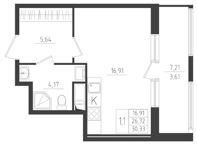 Квартира-студия, 30.33 м² - планировка, фото №1