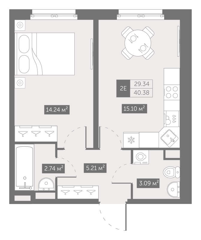 2-комнатная (Евро) квартира, 40.4 м² в ЖК "Зум на Неве" - планировка, фото №1