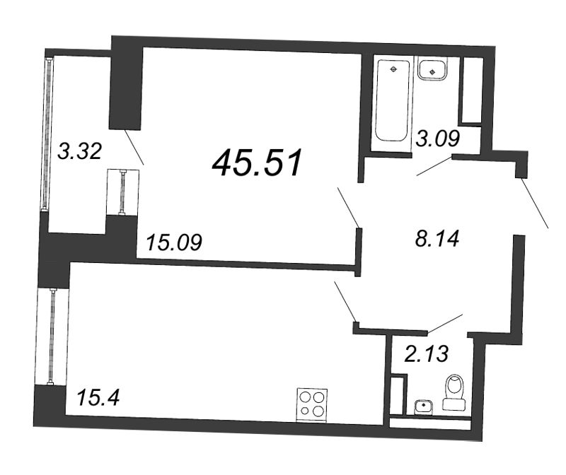 2-комнатная (Евро) квартира, 45.51 м² - планировка, фото №1