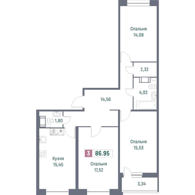 4-комнатная (Евро) квартира, 86.95 м² - планировка, фото №1