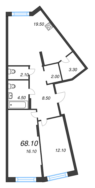 3-комнатная (Евро) квартира, 68.1 м² в ЖК "Ягодное Река Парк" - планировка, фото №1