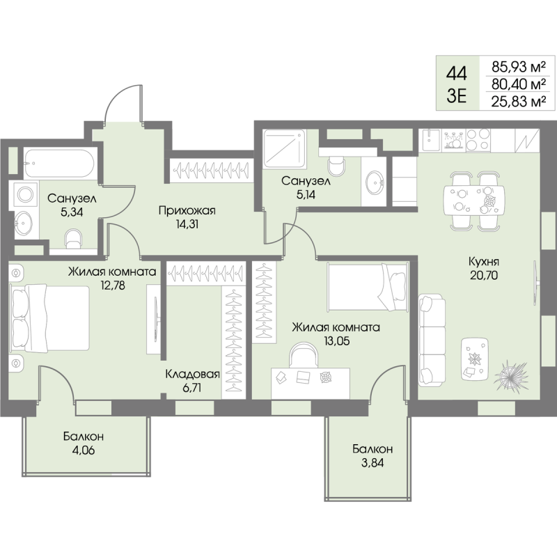 3-комнатная (Евро) квартира, 80.4 м² в ЖК "Рощино Residence" - планировка, фото №1