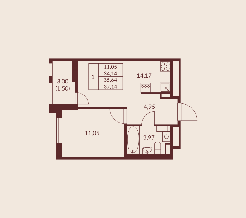 1-комнатная квартира, 35.64 м² в ЖК "Амурино" - планировка, фото №1