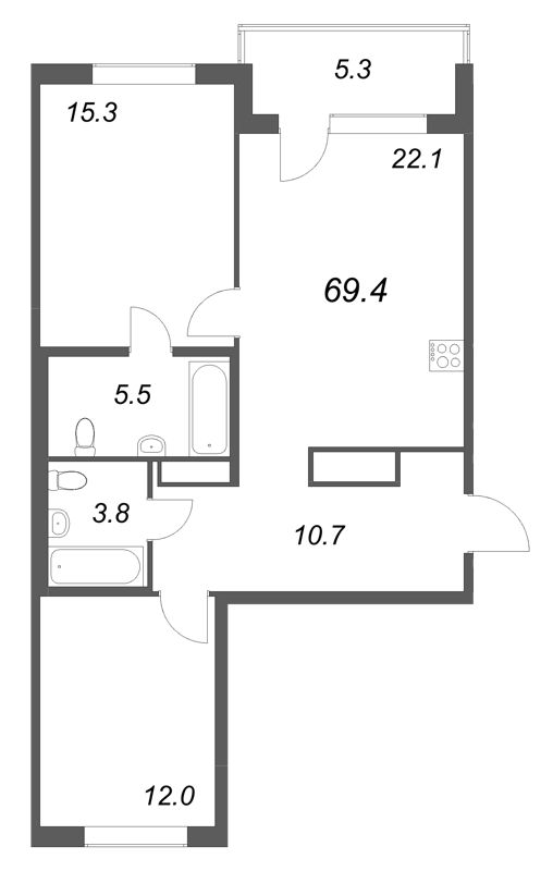 3-комнатная (Евро) квартира, 69.4 м² в ЖК "Передвижники" - планировка, фото №1