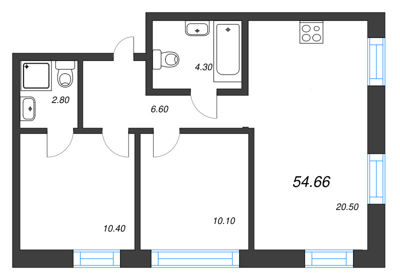 2-комнатная квартира, 54.66 м² - планировка, фото №1