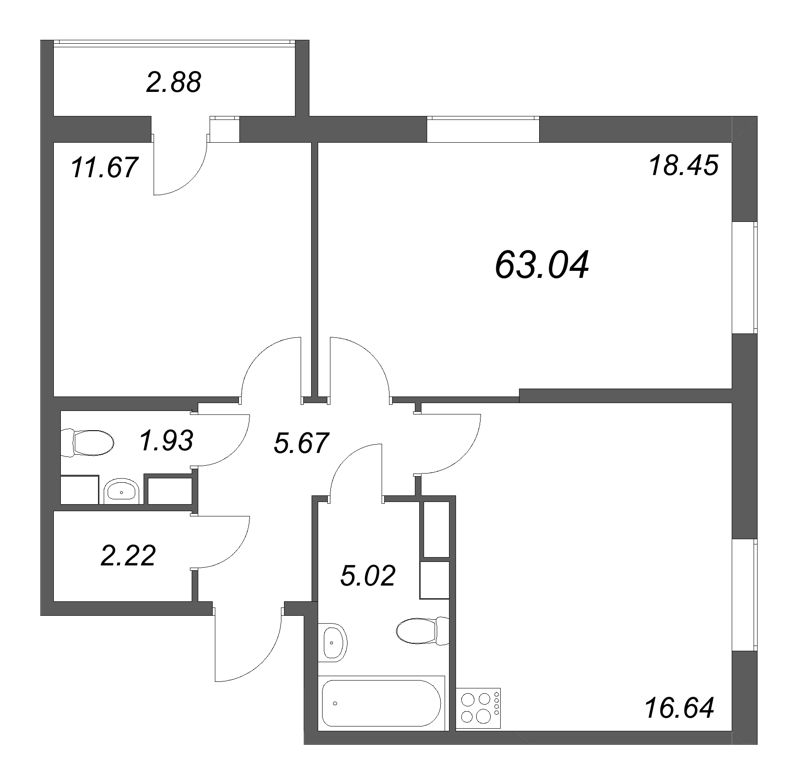3-комнатная (Евро) квартира, 63.04 м² в ЖК "Кинопарк" - планировка, фото №1