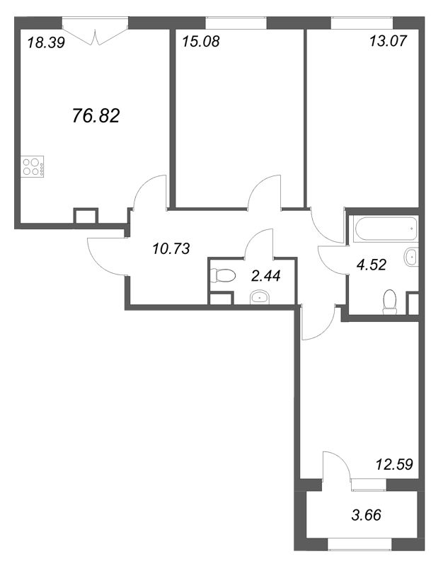 4-комнатная (Евро) квартира, 76.82 м² в ЖК "Дубровский" - планировка, фото №1
