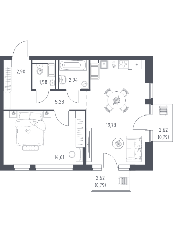 2-комнатная (Евро) квартира, 48.57 м² в ЖК "Новое Колпино" - планировка, фото №1