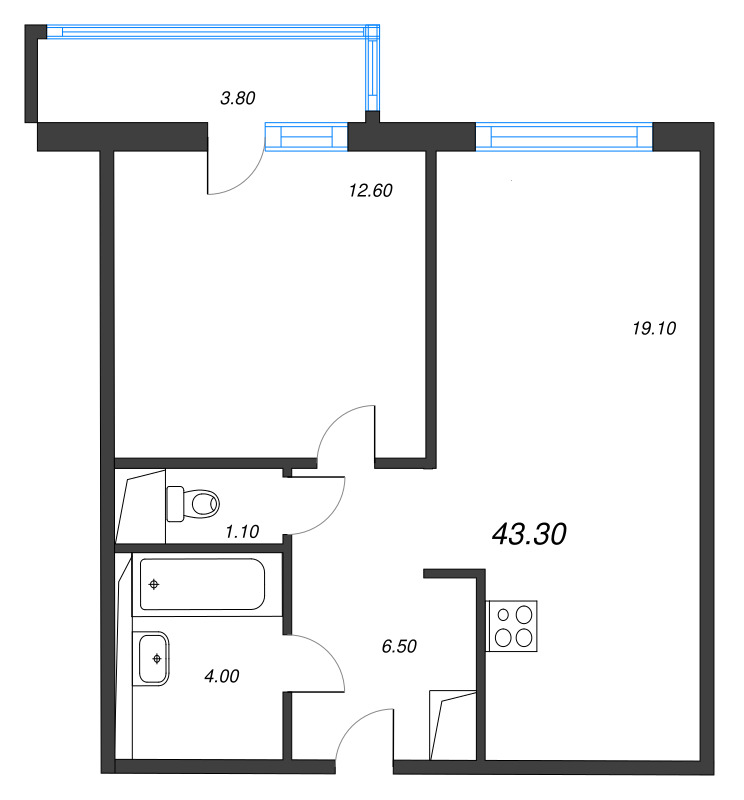 2-комнатная (Евро) квартира, 43.3 м² в ЖК "Руднева 15" - планировка, фото №1