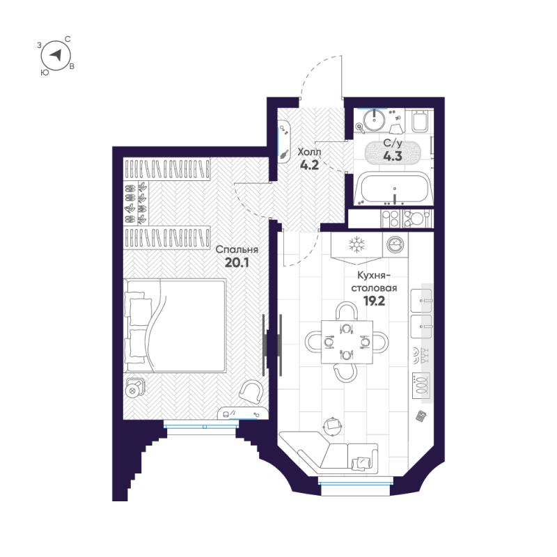 2-комнатная (Евро) квартира, 47.8 м² в ЖК "Mariinka Deluxe" - планировка, фото №1