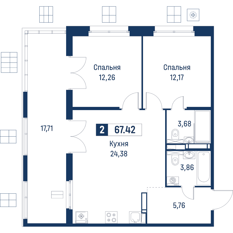 3-комнатная (Евро) квартира, 67.42 м² в ЖК "Символист" - планировка, фото №1