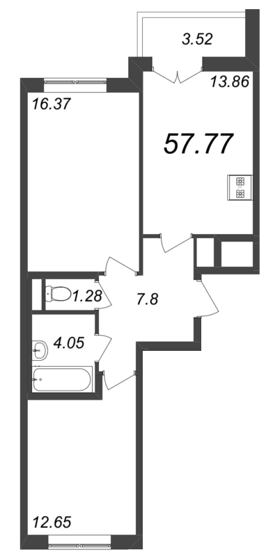 2-комнатная квартира, 57.77 м² - планировка, фото №1