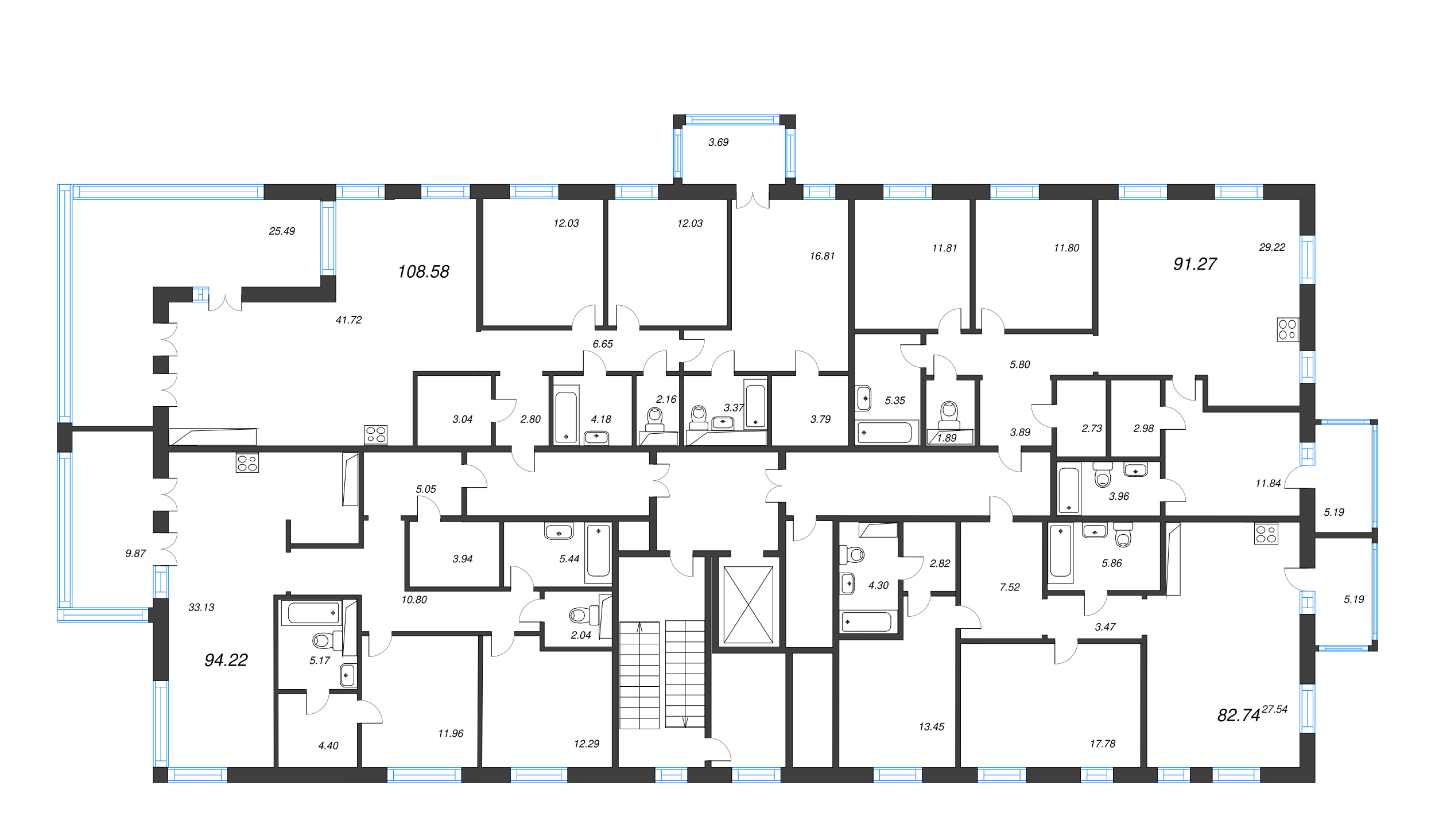 3-комнатная (Евро) квартира, 82.74 м² в ЖК "Черная речка, 41" - планировка этажа