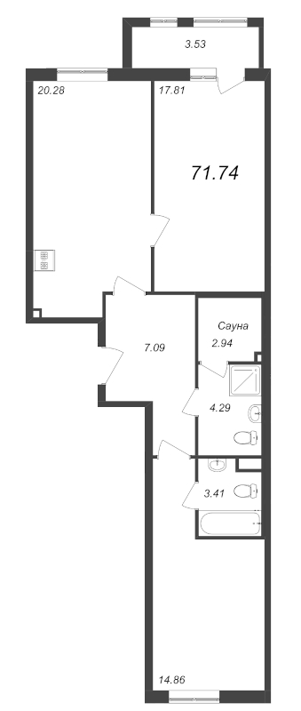 3-комнатная (Евро) квартира, 71.7 м² в ЖК "Wellamo" - планировка, фото №1