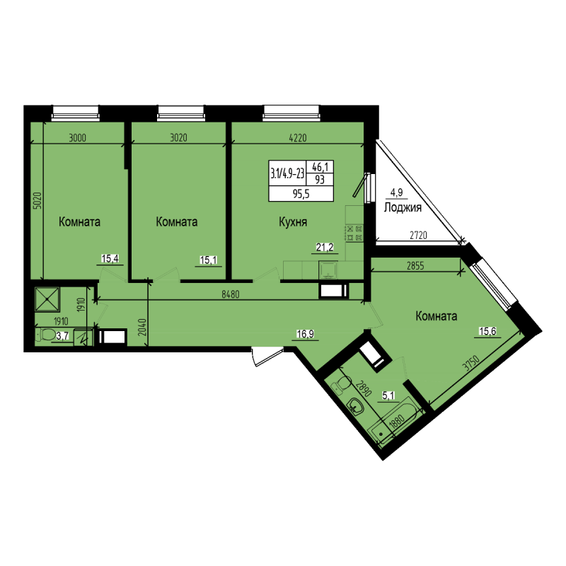 4-комнатная (Евро) квартира, 95.5 м² - планировка, фото №1