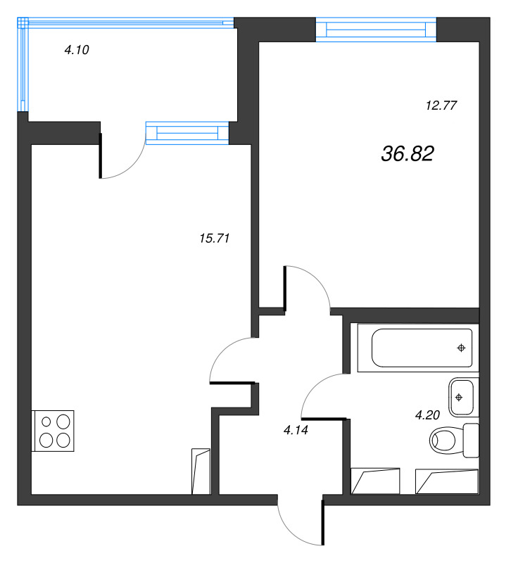 2-комнатная (Евро) квартира, 36.82 м² в ЖК "ЮгТаун" - планировка, фото №1